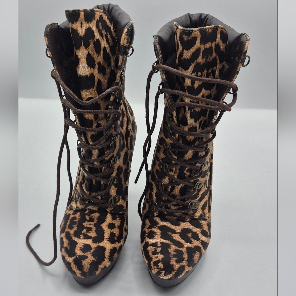 Shoe Dazzle Leopard Print Lace-Up Boots